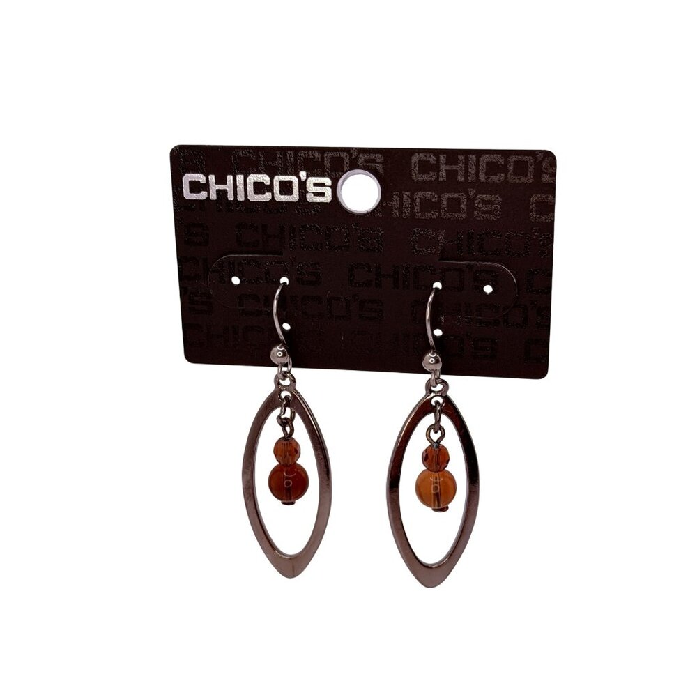 Vintage 1990s‎ Chico’s Silver Oval Amber Bead Dangle Earrings Modern Minimalist